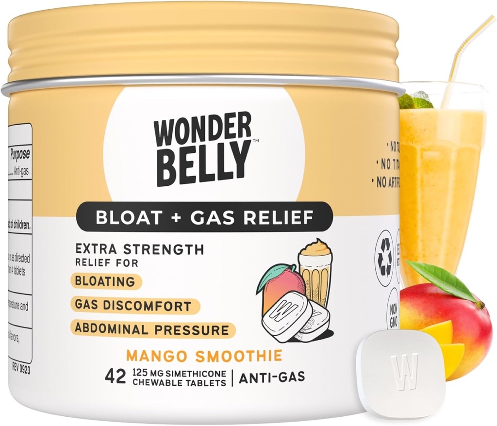Wonderbelly Bloat + Gas Relief, Extra síla žvýkací tablety, s 125 mg Simethicone, No Talc or Dye, Mango Smoothie, 42 Počet