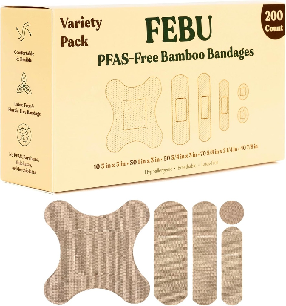 FEBU Eco-Friendly Bamboo Fabric Bandages | PFAS Free Bandages for Scrapes & Cuts | Flexible Fabric Bandage | Totalmente Compostable, Latex Free Bandage | 200 Count Bulk Variety