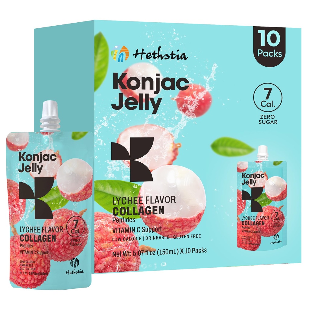 Hethstia Konjac Jelly, 10 Pouches Drinkable Lychee Konjac Jelly with Collagen Peptides, Low Calorie Litchi Jello, Vitamin C Light Snacks, Sugar Free, Keto, Gluten-Free, Healthy Food Gifts