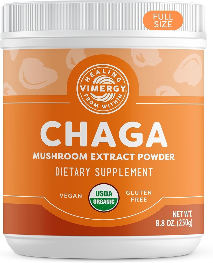 Vimergy USDA Organic Wild Chaga Mushroom Extract Powder, 166 Servings – Ideal in Chaga Tea, Coffee, Smoothies – Cardiovascular Support - Kosher, Vegan, No Gluten, Paleo - Pure Chaga, No Fillers (250g)