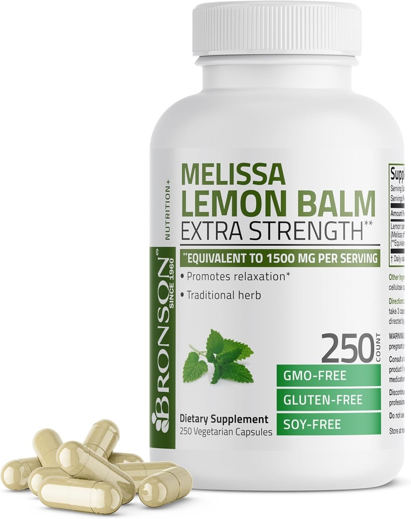 Bronson Melissa Lemon Balm Ekstra Kekuatan, Non- GMO, 250 Vegetarian Capsules
