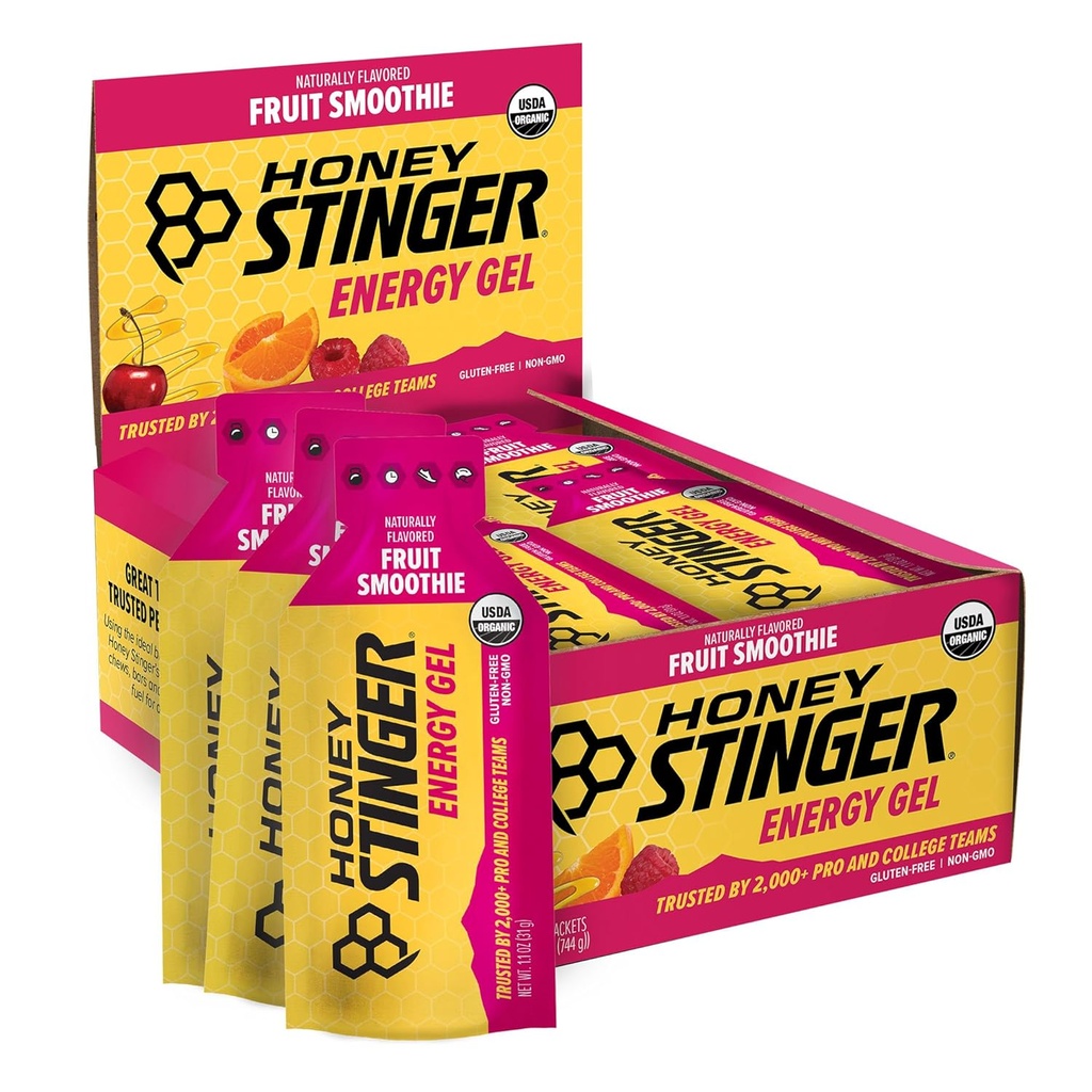 Honey Stinger Organic Fruit Smoothie Energy Gel, Gluten Libre e Libre de cafeína, para exercicio, execución e rendemento, Nutrición Deportiva para casa & Gym, Pre & Mid Workout, 24 Pack, 26.4 Ounce