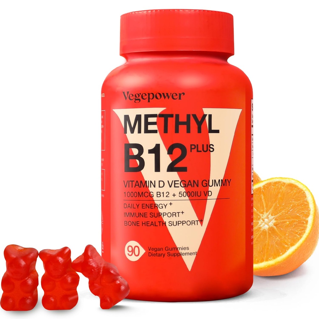 Vitamin B12 D3 Vegan Gummies - 90 Count I 1000 MCG Methyl B12 & 5000 IU Vitamin D Gummy Chewable Supplements for Adults & Kids - Immune Health & Daily Energy Boost - Non-GMO, Orange