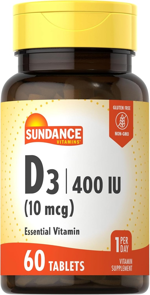 Sundance Vitamin D3 400 IU (10 mcg) ) 60 Vegetarian Tablets ) Essential Vitamin supplement , Vegetarian, Non-GMO, and Gluten Free Formula