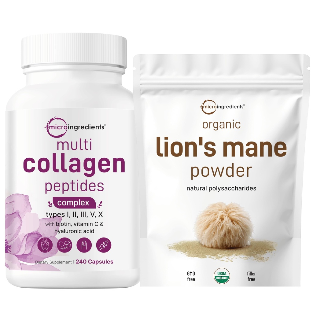 Micro Ingredients Multi Collagen Complex & Lions Mane Mushroom Supplement Powder Bundle 2 Pack | Grass-Fed Collagen Peptides | Natural Superfood for Brain, Energy, & Immune Health
