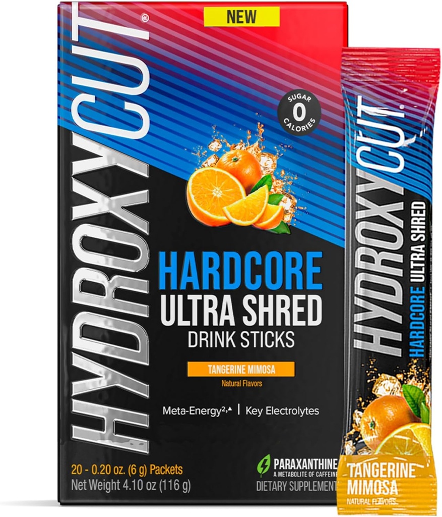 Hidroksigriezums Hardcore Ultra Shred Drink Sticks, Tangerine Mimosa - 20 Paketes - Nulles Cukura vai Kalorijas - Ietver Paraksantīns & B Vitamīni - sievietēm un vīriešiem