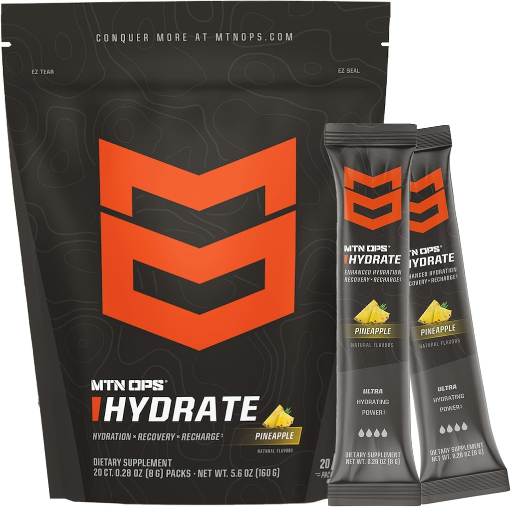 MTN OPS Hydrate Electrolytes Polvere Bere Mix, 20 singolo Servire on-The-Go Electrolyte Packs con oltre 1000mg di elettroliti per la dose, ananas