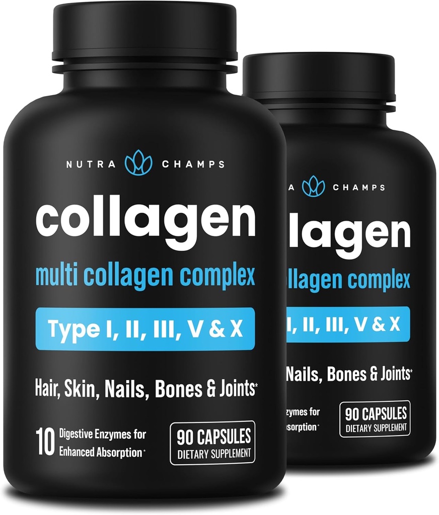 NutraChamps Multi Collagen Pills, Types I,II,III,V,X, Double Hydrolyzed Collagen Peptides Powder Capsules, Protein supplement for Women ' Men, 180 Capsules (Pack of 2)