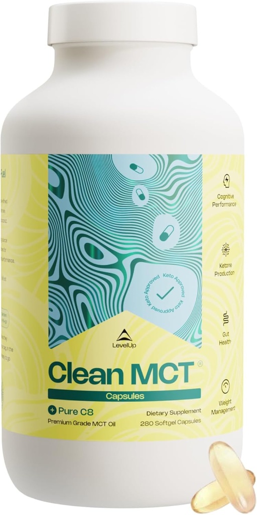 LevelUp Clean MCT Öl Kapseln - 100% Caprylic C8 für Energie, Fokus, Gewichtsmanagement, Gut Health, Gehirn Superfuel - Keto Ergänzung für Ketogenic Ernährung und Ketone - Non-GMO (280 Count)