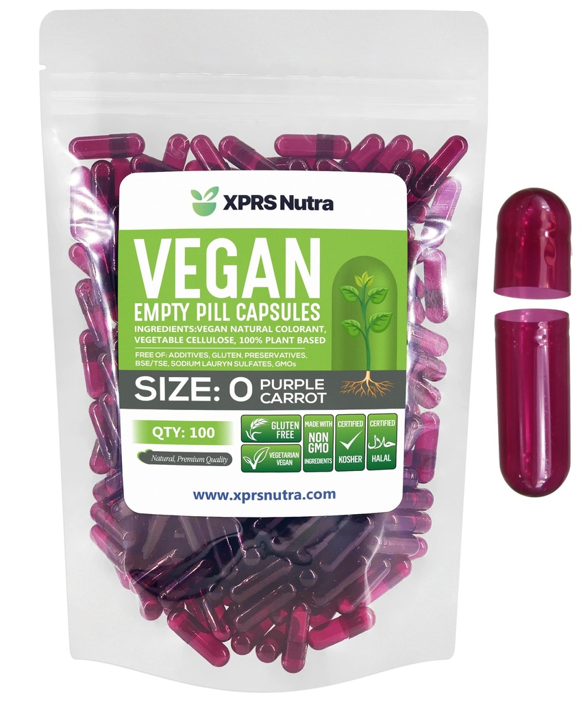 XPRS Nutra Size 0 Empty Capsules - 100 Count Empty Vegan Capsules - Vegetarian Pills - DIY Vegetable Capsule Filling - Veggie Pill Caps for Do-It-Yourself Supplements (Purple Carrot)