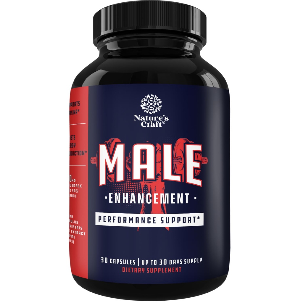 Natures Craft Natural Halal Male Performance Supplement for Increased Energy and Drive with Pure Maca Root Fenugreek Extract and Tongkat Ali Powder - 30 Count