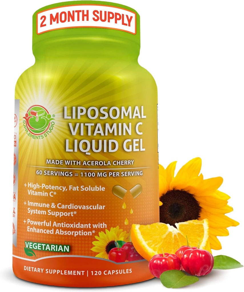 Liposomal Vitamina C cápsulas de xel líquido - 1100mg - feito con cereixas de acerola orgánica, suplementos de inmunidade de vitamina C liposómico con absorción mellorada e biodispoñibilidade - 120 conta