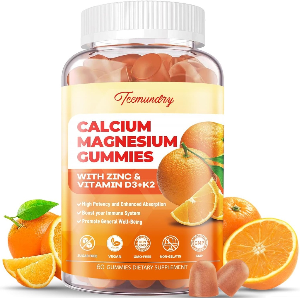 Kalcium Magnézium Cink Gummies D3 & K2-vitaminnal - Magas abszorpció Magnézium Glicinate 400mg - Sugar Free Calcium Supplement - Support Nerve Muscle Mood & Immunity - Felnőttek számára Nők Gyermek