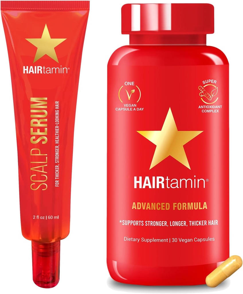 HAIRtamin Advanced Vlasy & Skalp Sérum Balení 124; All- Natural Vegan Biotin Kapsle & Sérum Vzorek pro vlasy, kůže a růst nehtů
