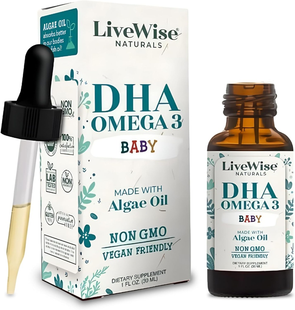 LiveWise Naturals DHA Omega-3 Liquid Drops for Infants and Toddlers, Vegan-Friendly Omega-3 Essential Supplement, Promotes Healthy Brain, Eyes, Body Defense, Baby and Toddler Nutrition