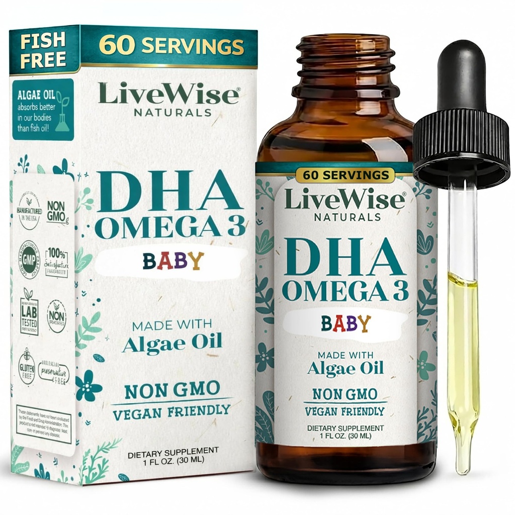 LiveWise Naturals Omega 3 DHA Baby Drops - Vegan Liquid Omega 3 for Babies, or Infants up to 2 Years Old - Essential DHA Supplement for Baby Brain, Eye & Immune Health