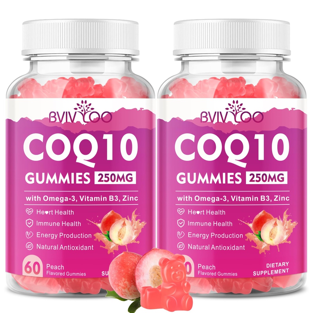 2 Pack CoQ10 Gummies 250mg, Plus Omega-3, Vitamin B3 & Zinc, Magnesium - High Absorption Coenzyme Q10 Supplements for Heart Health, Cellular Energy, & Antioxidant Support, 120 Count