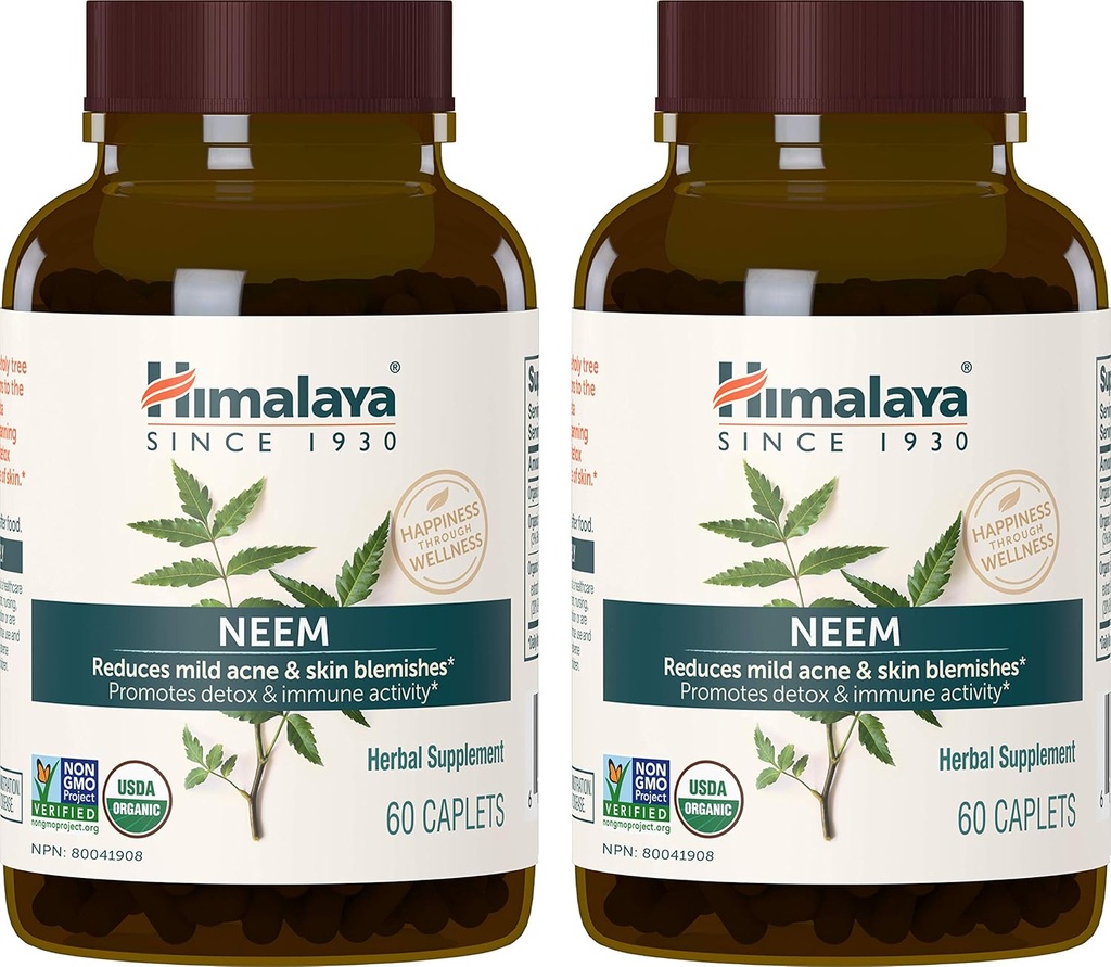 Himalaya Bio Neem Kräuterergänzung, für Mild Acne & Klare Haut, Reinigung, Ayurvedic, USDA Certified Organic, Non-GMO, Vegan, 600 mg, 60 pflanzlichen Caplets, 2 Pack
