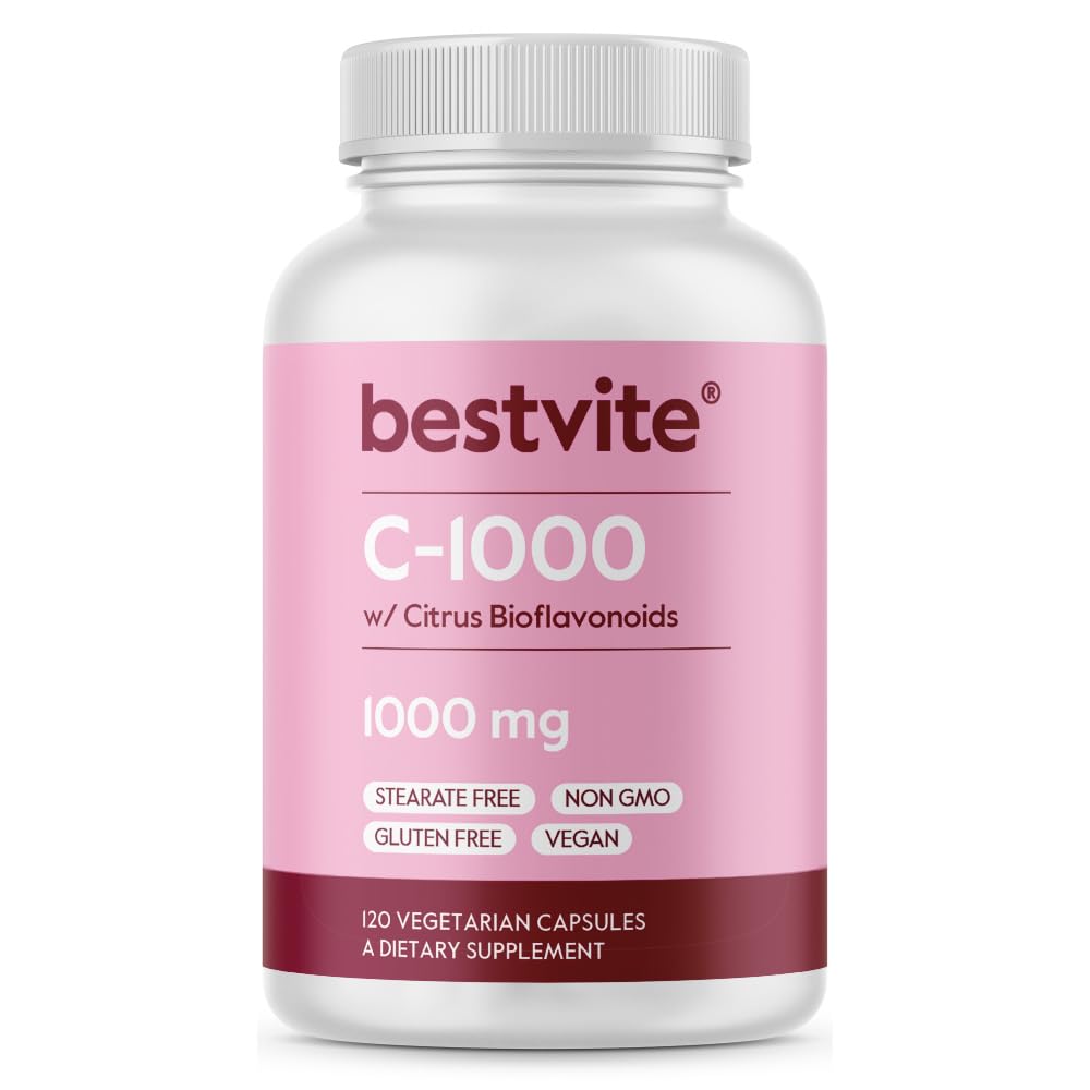 BESTVITE High Strength Vitamin C 1000mg (120 Vegetarian Capsules) with Citrus Bioflavinoids - No Stearates - Vegan - Non GMO - Gluten Free - Daily Antioxidant & Immune Support*
