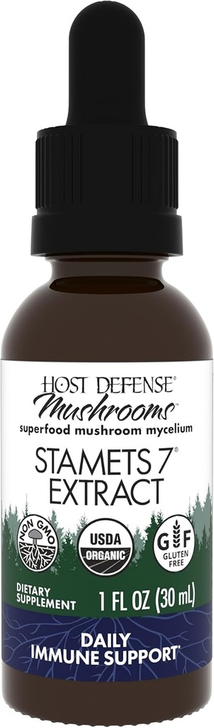 Host Defense Stamets 7 Extract - 7 Species - תוסף Mushroom לתמיכה בחיסון עם השמש המלכותית Blazei, Cordyceps, Reishi, Maitake, Lion's Mane, Chaga & Mesima - 1 fl oz (30 משרתים)