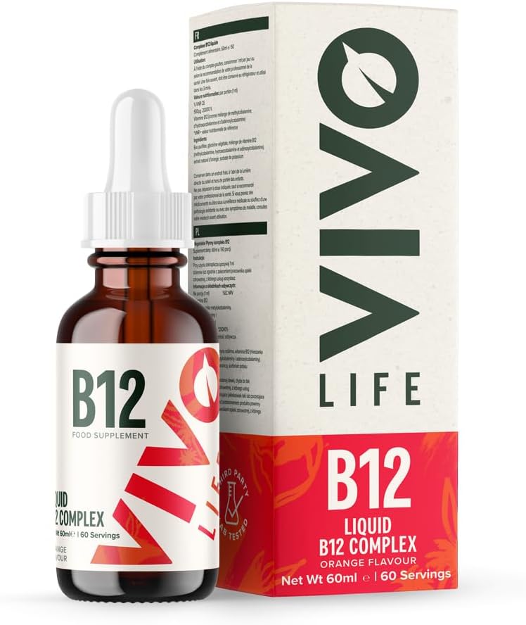 Vivo Vida - Complexo Vitamina B12, Suplemento de Alta Potencia Saúde, Gotas Líquidas de Sabor Laranja, 60ml, 60 Servings