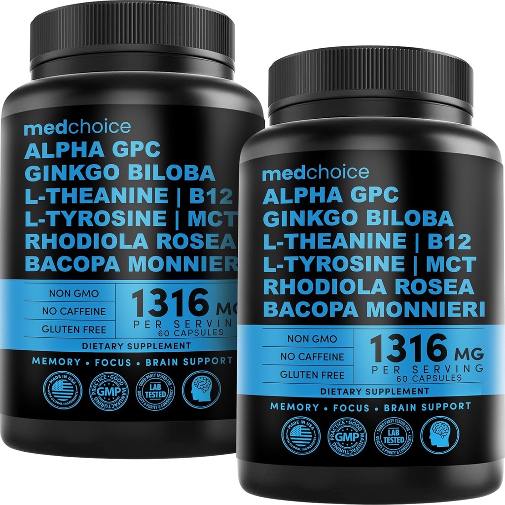 من 12 إلى 1 Nootropic Brain supplement Anhydrous: Ginkgo Biloba for Brain Support, Memory and Focus - B12, Alpha GPC, L Theanine and Choline supplements with Bioperine Non Caffeinated 1321mg (120ct)