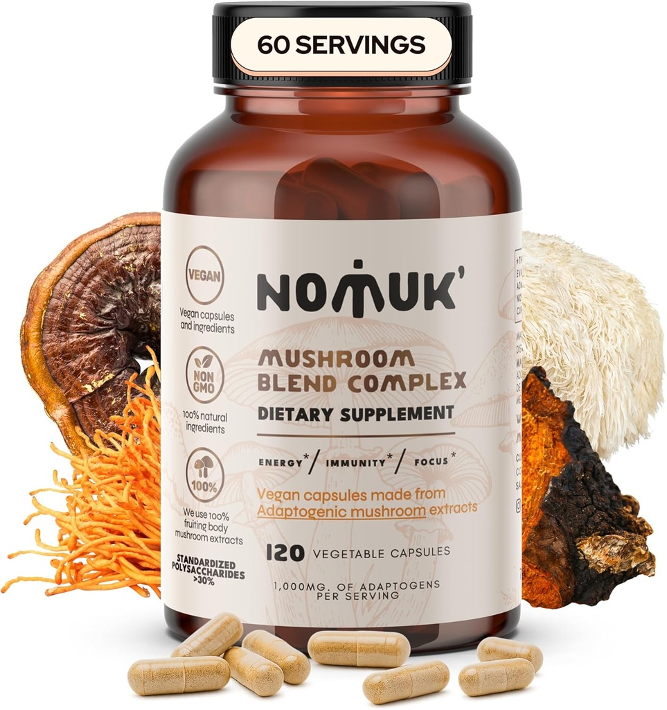 Adaptogenic Mushroom Extract Blend Lions Mane, Reishi, Cordyceps, Chaga Supplement, 120 Capsules.