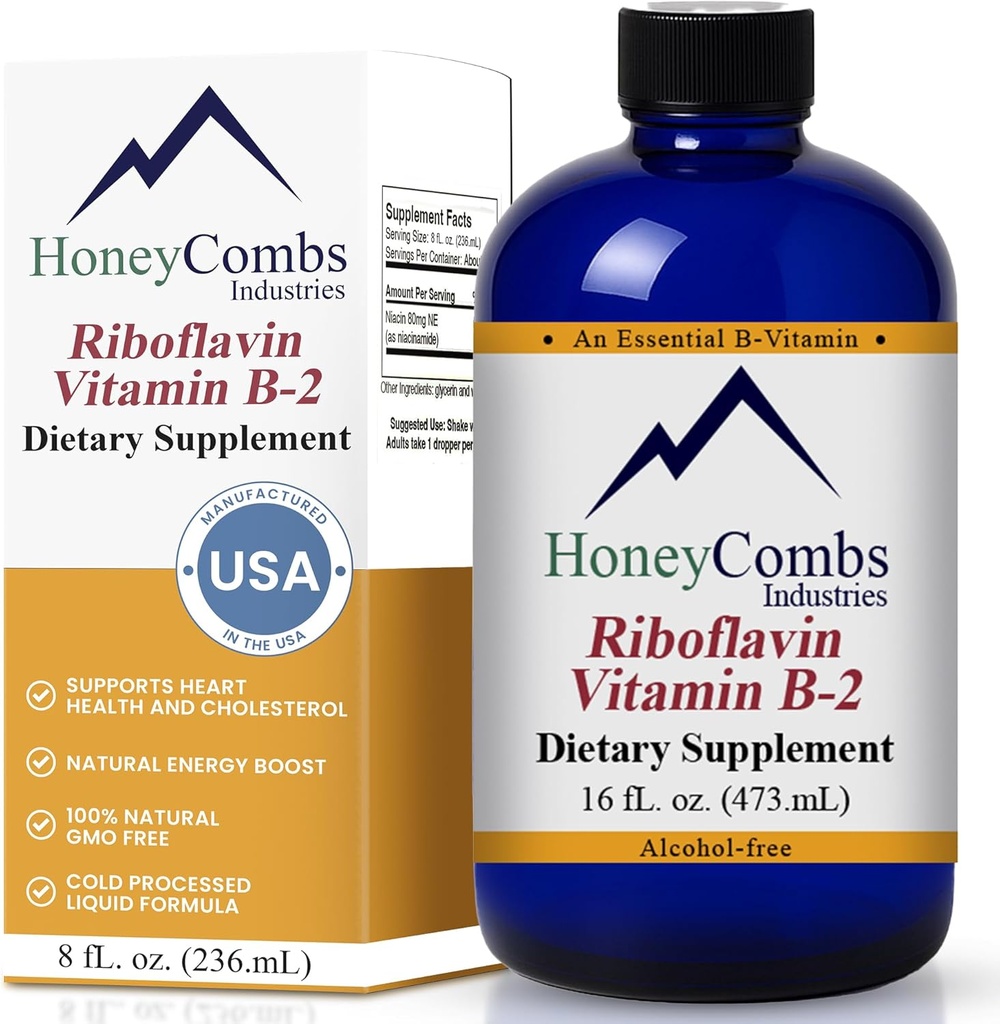 HoneyCombs B2-vitamiini Riboflaviini Supplement Liquid Drops - Korkea Potenssi B2-vitamiini miehille ja naisille - Säilytä terveellinen digestio, hermosto, hiukset, iho, kynnet - Vegaani neste vitamiineja (16 Fl oz)