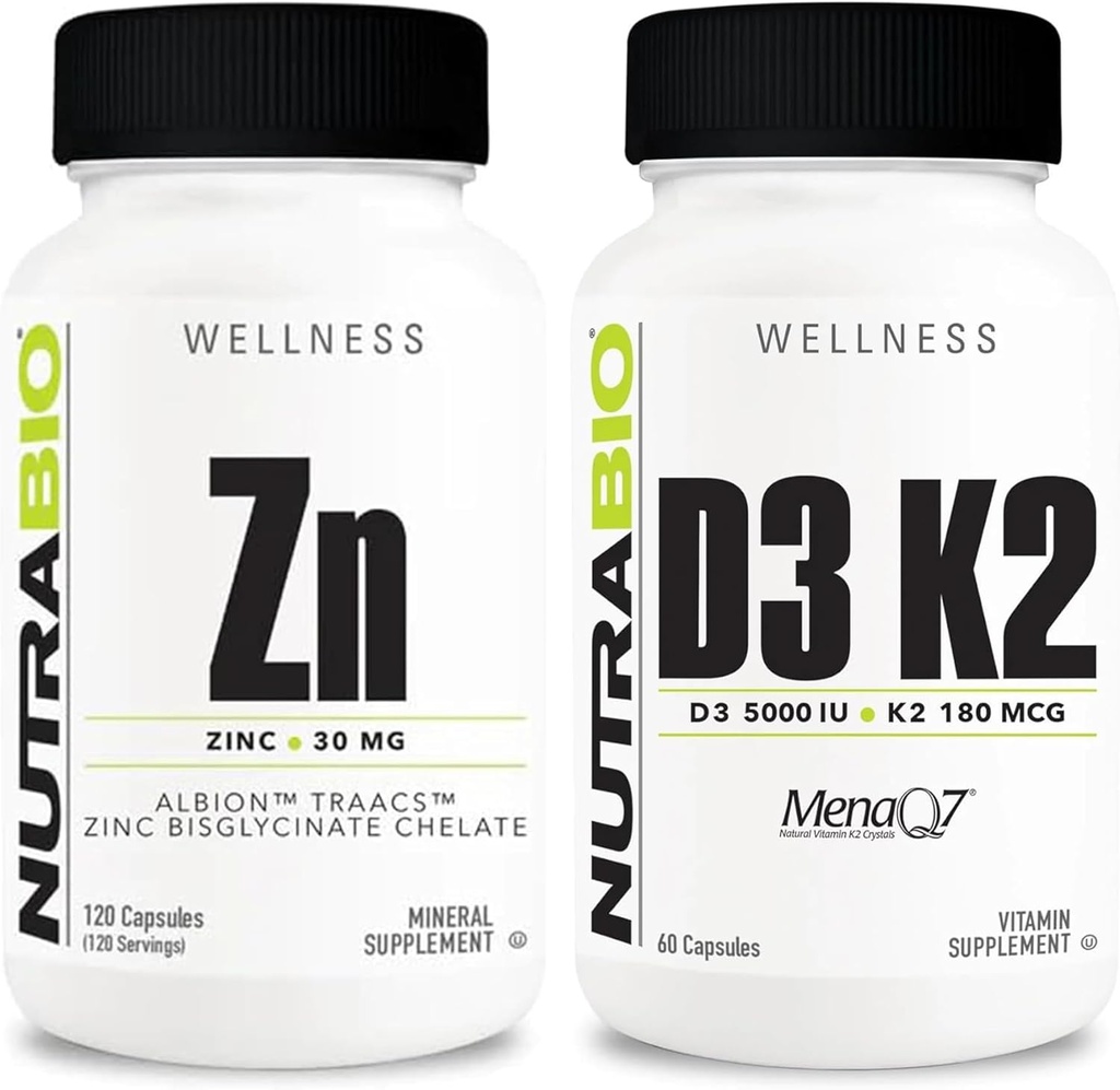 NutraBio Zink Chelate och vitamin D3 K2 Mineral Supplement Bundle - Kan hjälpa till med korrekt tillväxt, utveckling, immunsystem och ben- och hjärthälsa