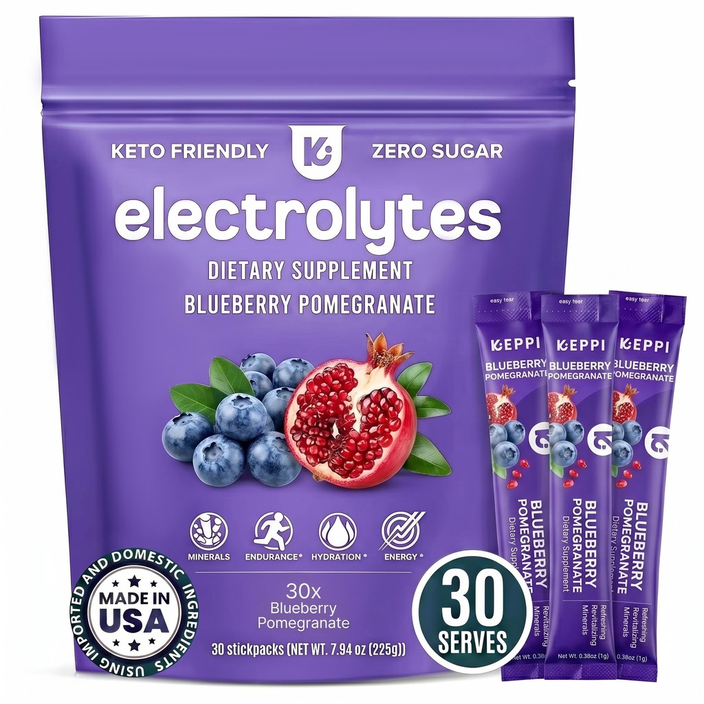 Keppi Electrolytes Powder Packets – Blueberry Pomegranate 30 Servings – No Sugar Hydration Supplement with Potassium, Magnesium, Sodium – Keto, Vegan, Fasting-Friendly, Zero Calorie Hydration Packets