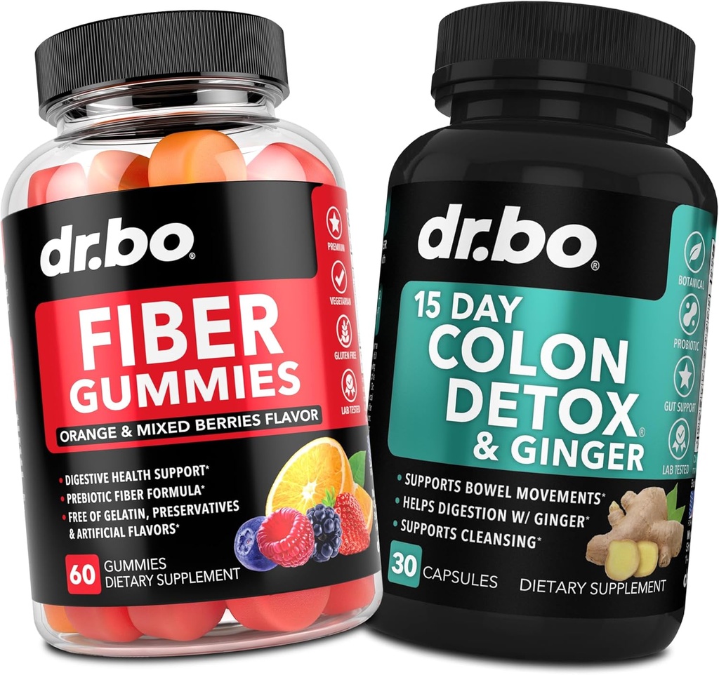 DR. BO Fiber Gummies Colon Cleanse & Ginger - Skanioji Gummy Prebiotic pluošto papildas - Bowel judėjimo parama gut & Stomach valymui
