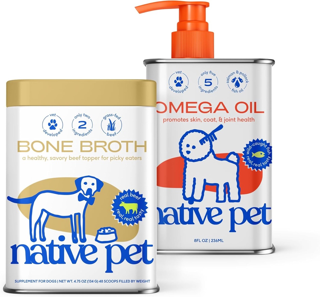 Olio animale domestico nativo per cani (8 oz.) & Beef Bone Broth per cani (4,75 oz.) - Realizzato con olio di salmone dell'Alaska selvaggio - EPA DHA e Bone Broth Powder Food Topper for Picky Eater
