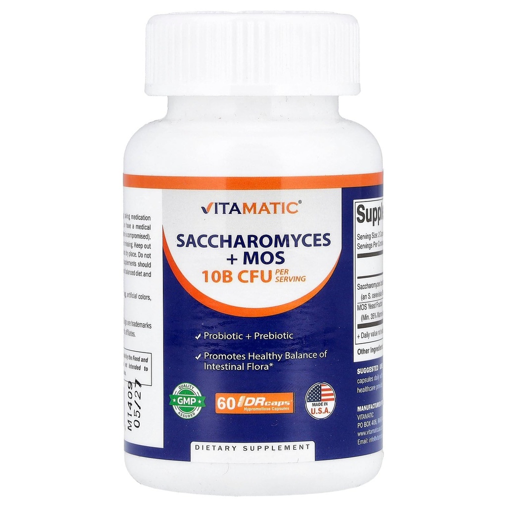 Vitamatic Saccharomyces Boulardii Probiotic 10B per Serving + Yeast Extract (MOS Yeast Fraction) 300 mg - 60 DR Capsules - Made in the USA