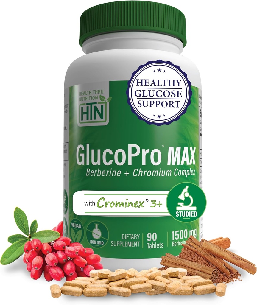 Health Thru 营养 GlucoPro Max - 1500mg Berberine,Chrominex + Chromium, 1000mg 肉桂 → Vegan, Non-GMO, Gluten Free → 90 包装