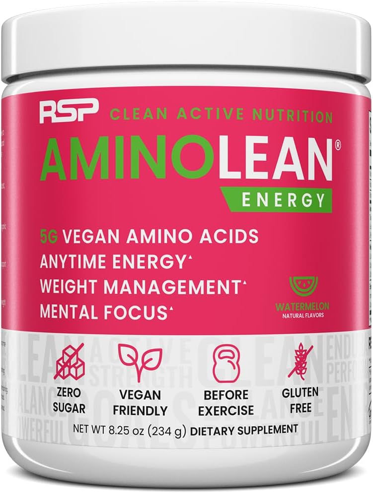 RSP Nutrition AminoLean Pre Trening pulver, Amino energi og vektkontroll med BCAA Aminosyrer & naturlig koffein, Preworkout Boost for menn og kvinner, 30 Serv