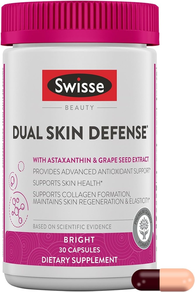Swisse Beauty Dual Skin Defense Supplement (Suplemento de Defesa da Pele Dupla) Astaxantina, Extrato de Sementes de Uva e Vitamina C (Suporta Formação de Colágeno, Elasticidade da Pele, Proteção e Regeneração de Antioxidantes