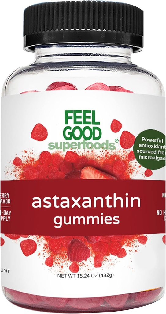 Jūtieties labi Superfoods Astaksantīna piedevas, 6mg Antioksidants Gumijas ādas un acu veselībai, Berry Flavor, Vegan, Non-GMO, 60 Skaits