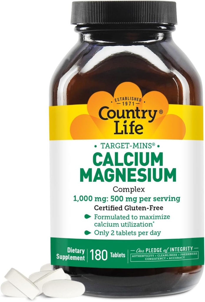 Country Life Target-Mins Calcium Magnesium Komplex 1000mg/500mg, 180 tabletter, Certified Gluten Free, Certified Vegan, Certified Non-GMO Verified