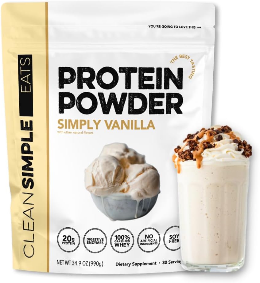 Clean Simple Eats Wei Proteine Powder, Simply Vanille Flavor Naturally Sweetened, 100% Grass Fed Proteine Powder met spijsverteringsenzymen & Geen kunstmatige ingrediënten, Glutenvrij, 30 porties