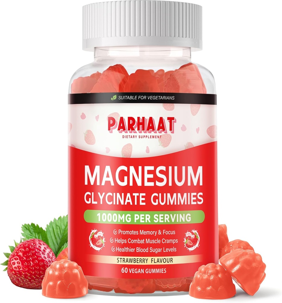 Gommies glycinées de magnésium - Supplément de potassium de magnésium sans sucre avec vitamine D, B6, CoQ10 pour l'humeur calme et le soutien du sommeil - 60 fraises