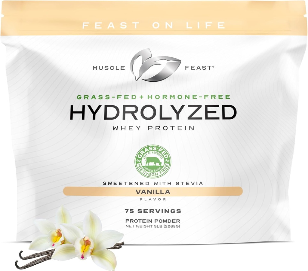 Festa muscular Hydrolyzed Whey Protein Powder, Grass Fed e All Natural Hormona-Free, Hydro Whey Powder para homes e mulleres, Gluten Free, Non-GMO, Proteína Delicious Hydrolyzed Powder, Vanilla, 5lb