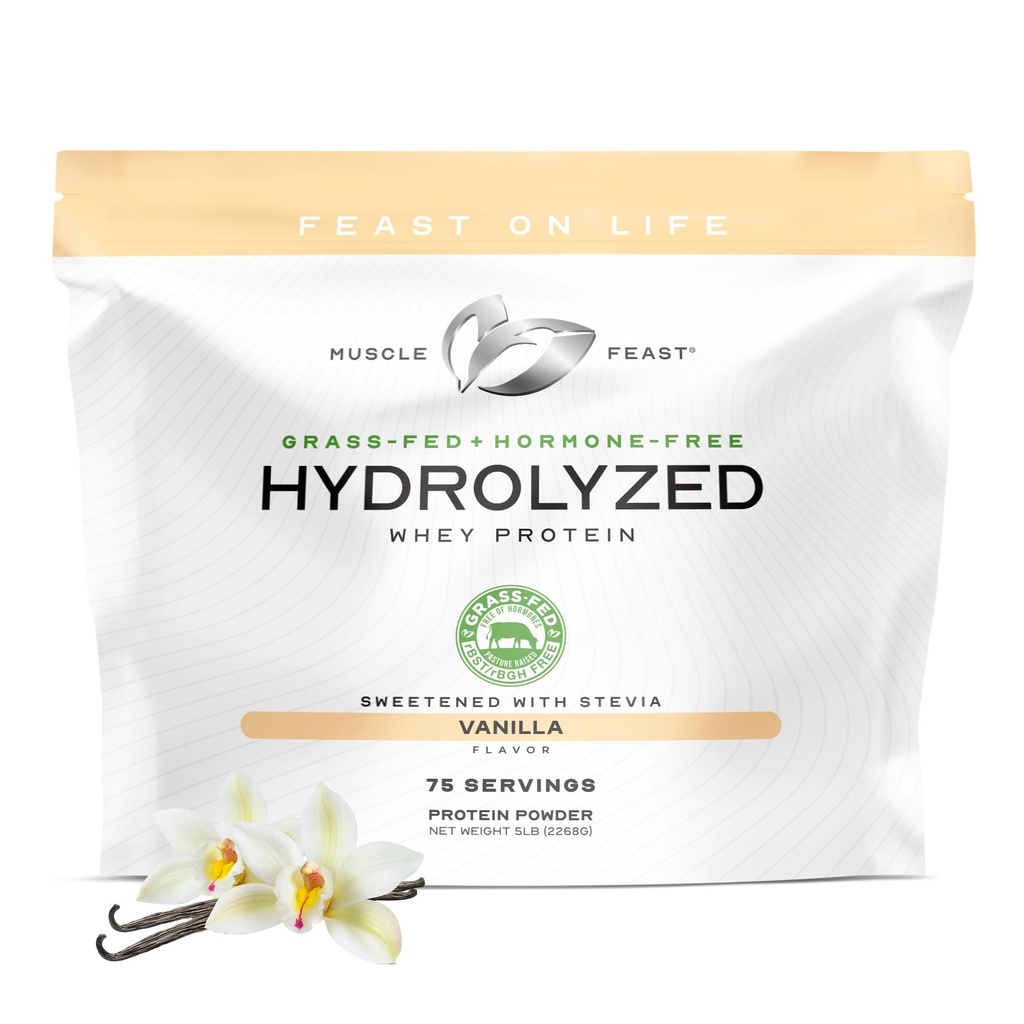 Muscle Feast Hydrolyzed Whey Protein Powder, Grass Fed and All Natural Hormone-Free, Hydro Whey Powder for Men and Women, Gluten Free, Non-GMO, Delicious Hydrolyzed Protein Powder, Vanilla, 5lb