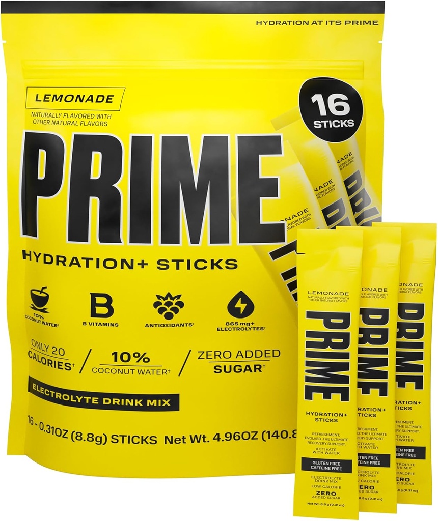 PRIME HYDRATION+ Sticks Lemonade | Hydration Powder Single Serve Sticks | Electrolyte Powder on the Go | Низкий уровень сахара | Без кофеина | Веган | 16 Sticks