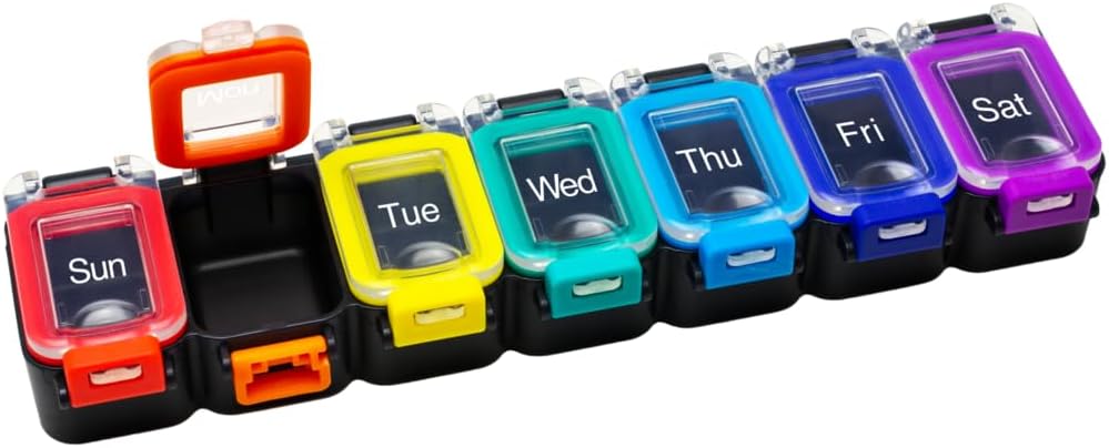EZY DOSE Weekly (7- Day) Daily Pill Planner, Medicine Case, Vitamin Organizer Container, Underproof Locking Comment to Secure Prescription Medication and Prevent Accidental Spilling, Rainbow
