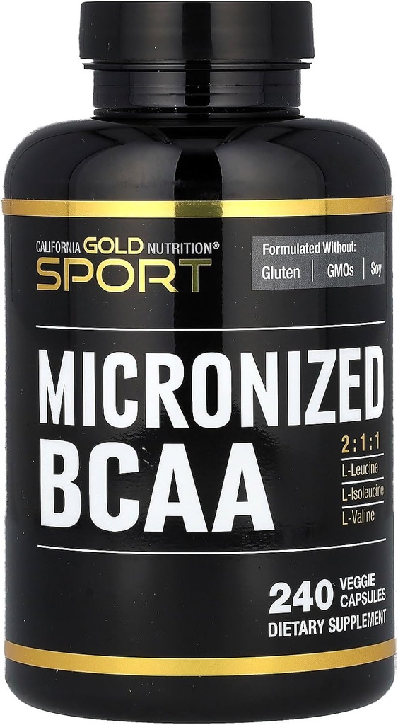 California Gold Nutrition Sport, Microniced BCAA, Branched Chain Amino rūgštys, 240 Veggie Capsules