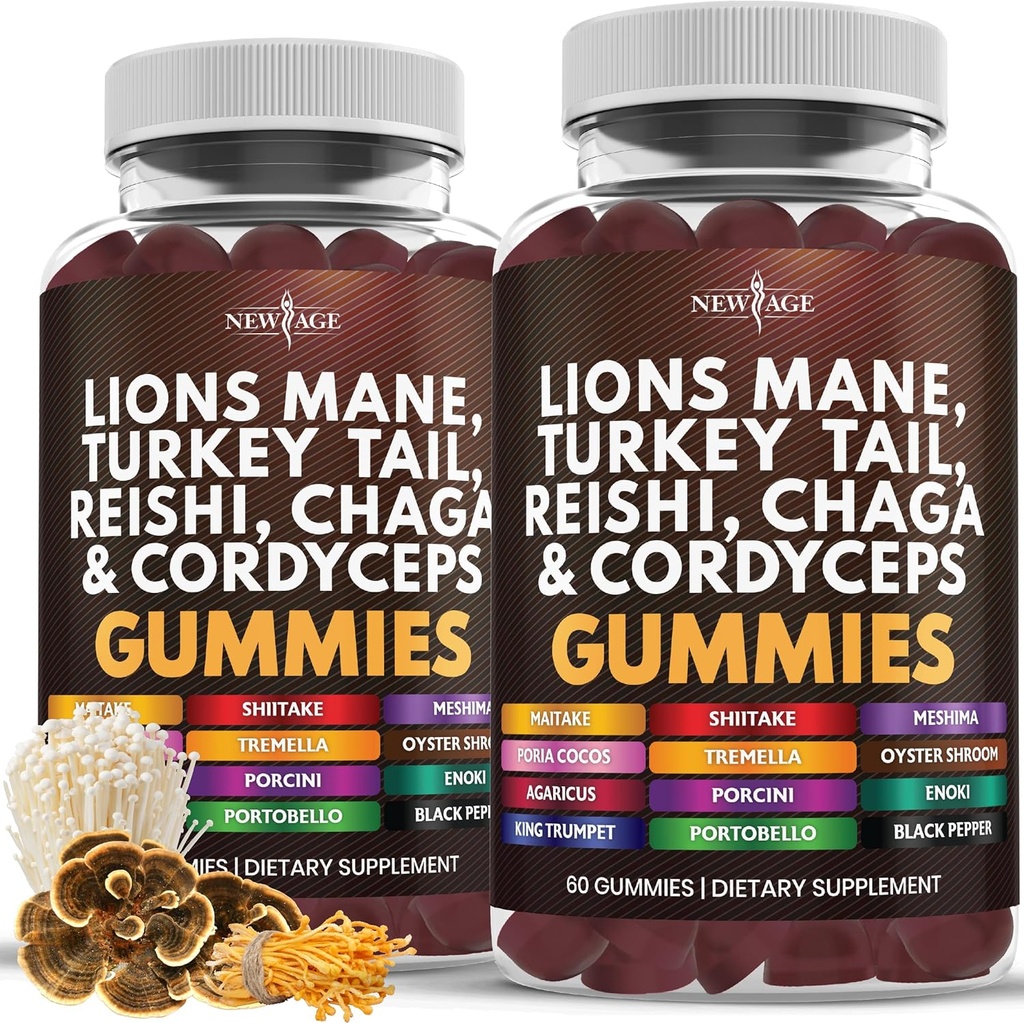 NEW AGE Mushroom Lion 's Mane Supplement Gummies - Reishi, Cordyceps - 120 카운트와 함께 Cognitive & Immune 지원을위한 포괄적 인 버섯 보충