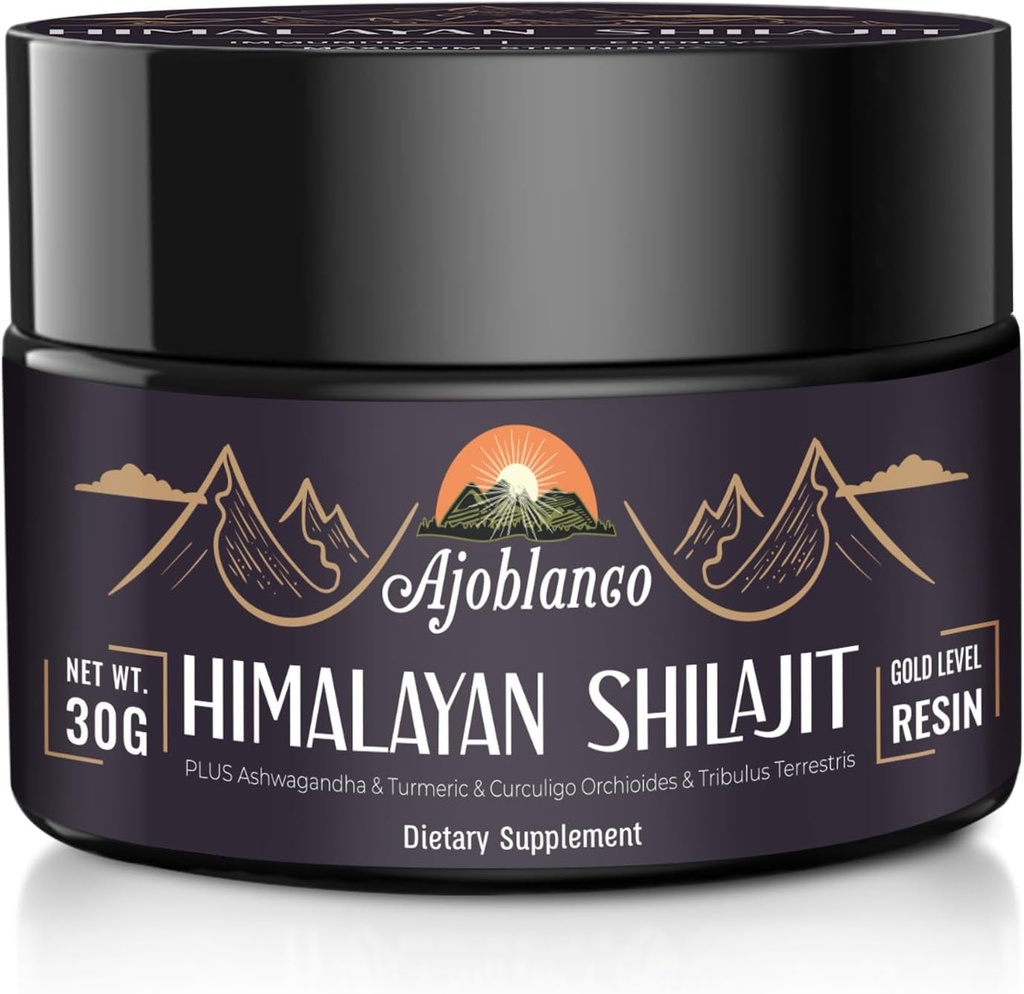Ajoblanco 600mg Natural Himalayan Organic Shilajit Resin - Himalayan Gold Shilajit Resin with Organic Ayurvedic Blend in High Potency for Energy, Strength & Imunity, Pack of 1