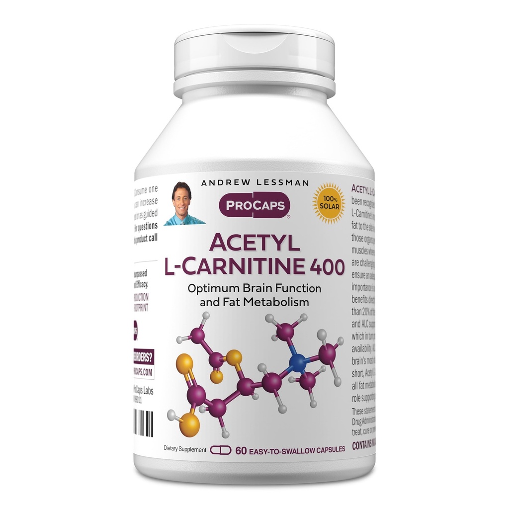 ANDREW LESSMAN Acetyl L-Carnitine 400 mg - 60 Capsules - Support for Nervous System, Fat and Energy Metabolism, Healthy Brain Function, Healthy Blood Flow to The Brain. Easy-to-Swallow Capsules.