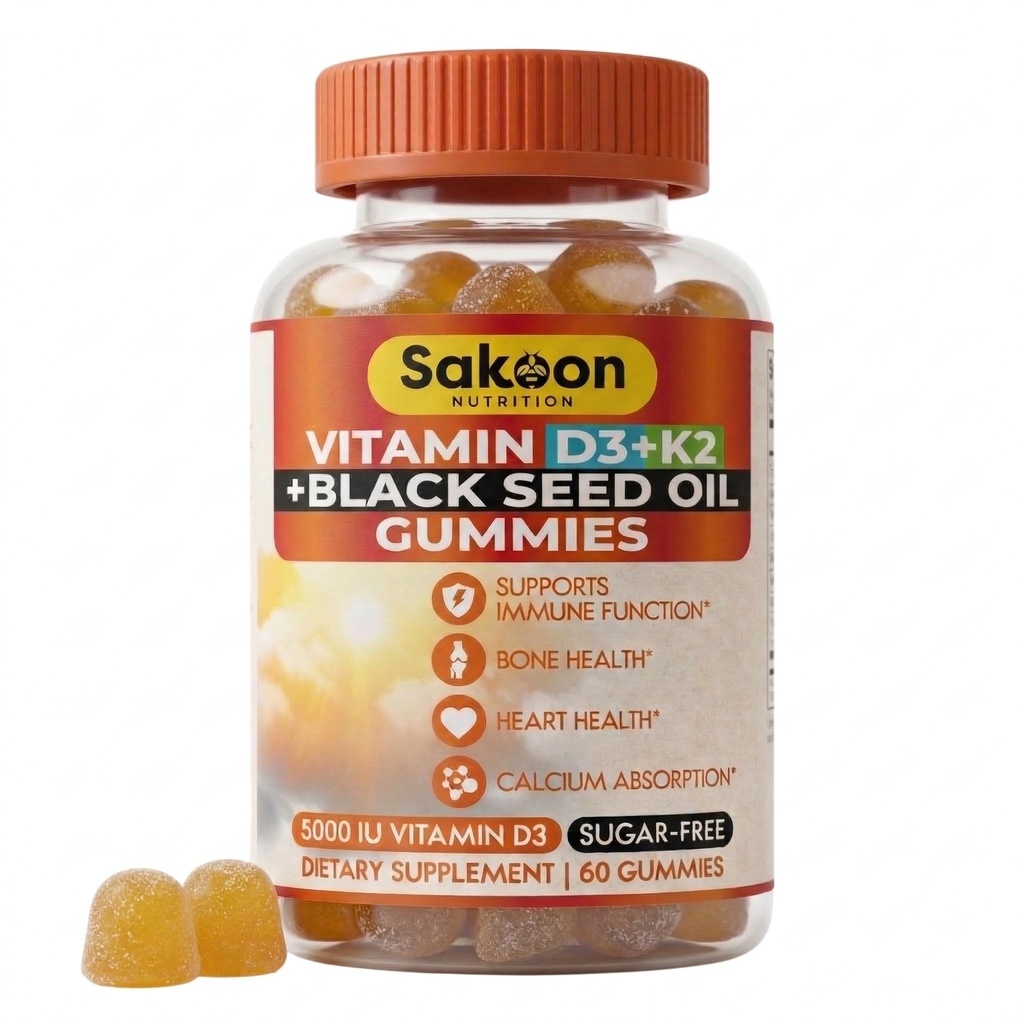 Sakoon nutrition 5000 IU Vitamin D3 K2 Vitamin Supplement with Black Seed Oil for Bone, Teeth, Muscle, and Immune Defense Support, Non-GMO and Gluten Free, 60 Gummy Chewables