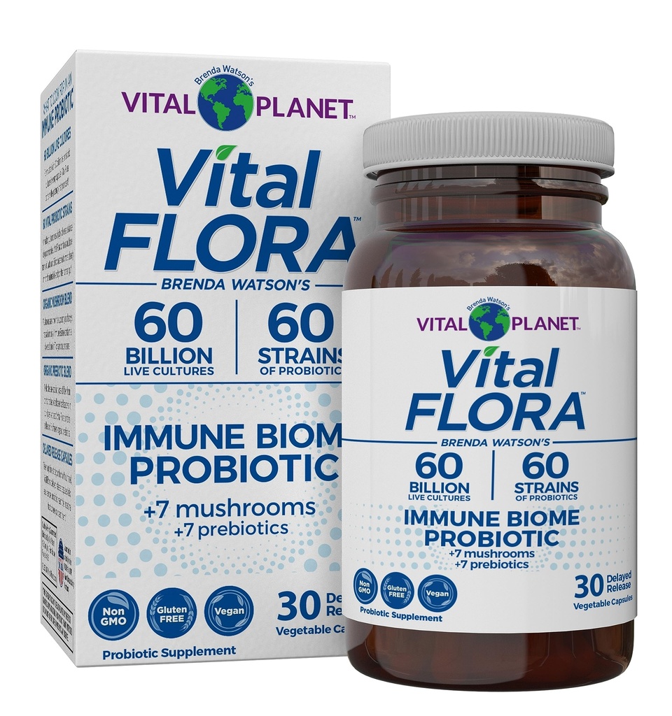 Vital Planet - Vital Flora Immune Support Probiotic, 60 Billion CFU, Diverse Strains, Organic Mushroom Supplement Blend with Prebiotics, Digestive Health Probiotics for Women and Men 30 Capsules